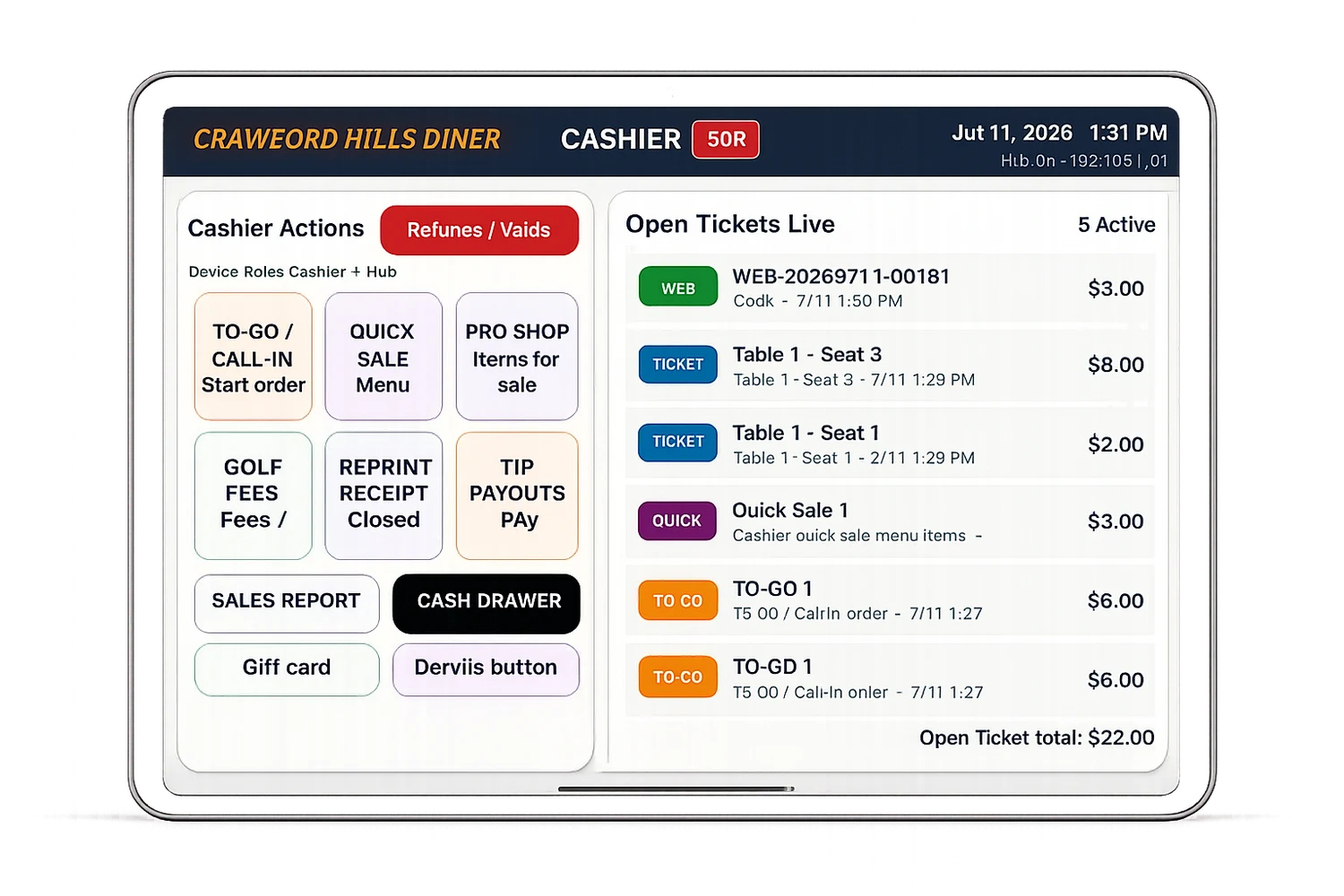 Cashier and hub tablet screen