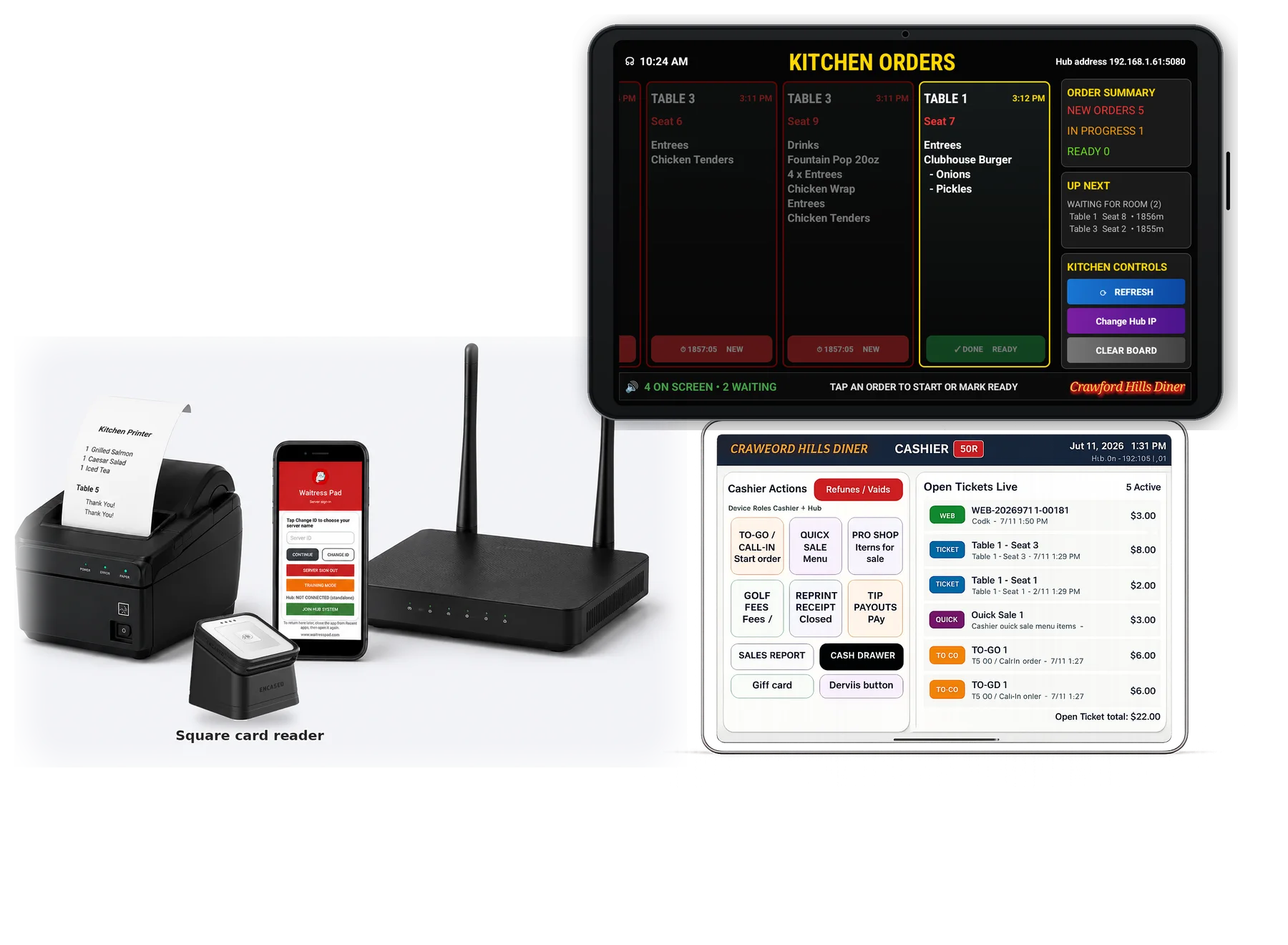 Waitress Pad system with kitchen display tablet, cashier tablet, receipt printer, server phone, Square card reader, and Wi-Fi router