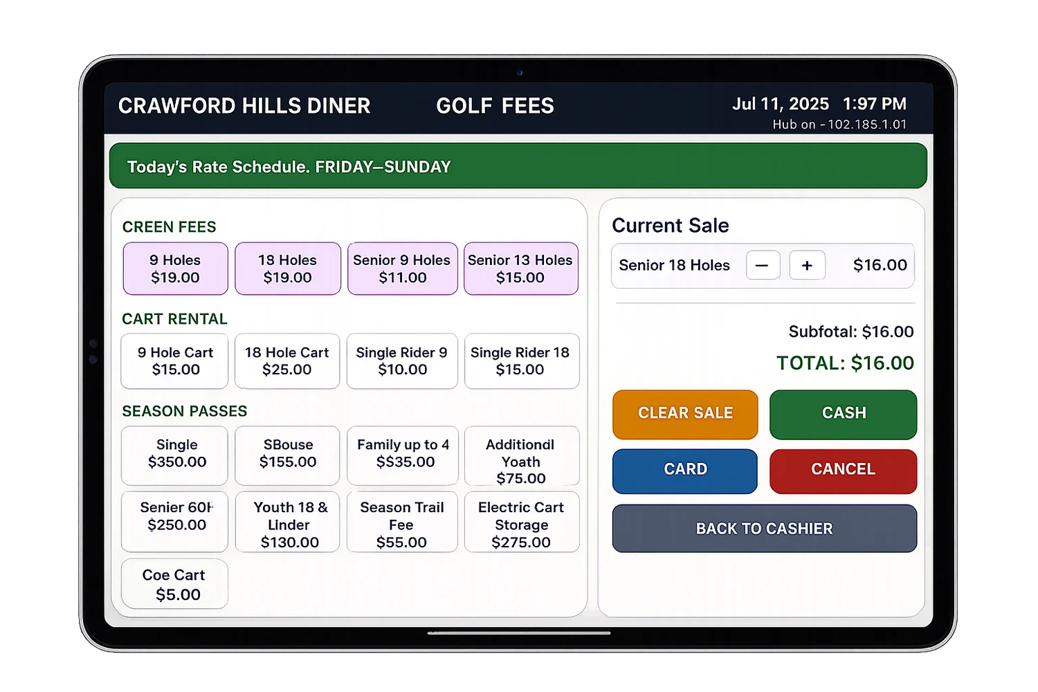 Golf Fees sales screen on a tablet