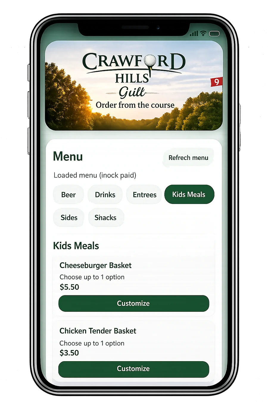 Customer web ordering menu on a phone